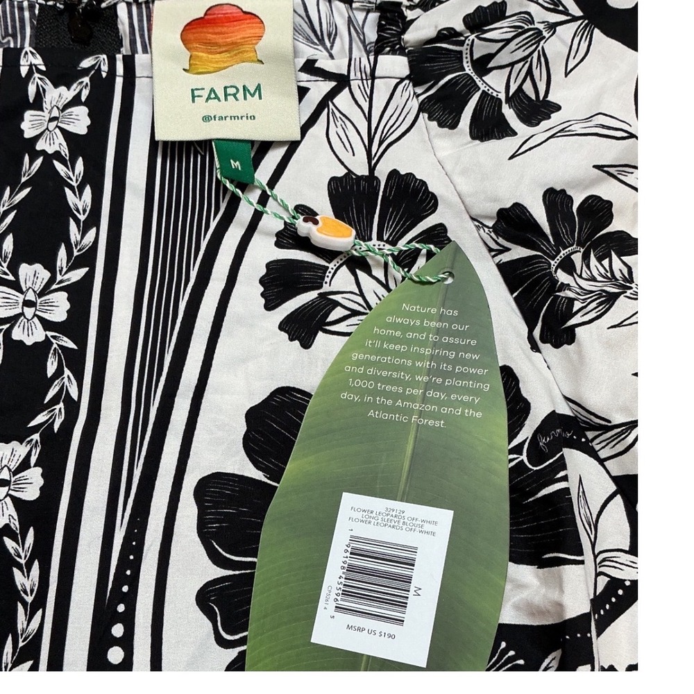 Farm Rio Flower Leopards Long Sleeve Blouse White Black Medium New With Tags - Picture 4 of 4